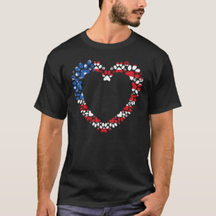 Animal USA Flag Cat Dog Paw Prints Hollow Heart T-Shirt