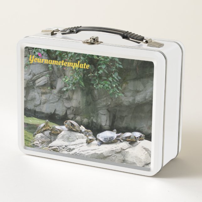 animal, water, turtles, stones, flowers, nature, metal lunch box (Front)