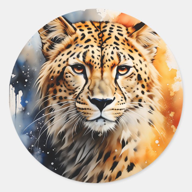 Animal Watercolor Cheetah Portrait Classic Round Sticker (Front)