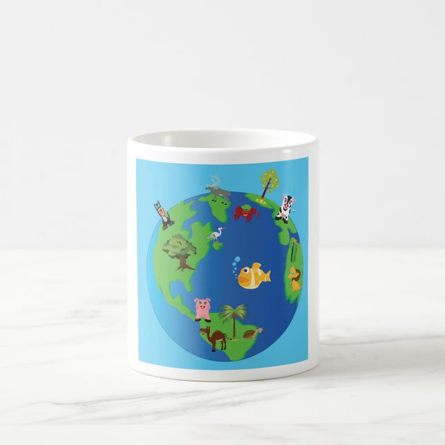 Animal World Map Cute Wildlife Illustration Coffee Mug