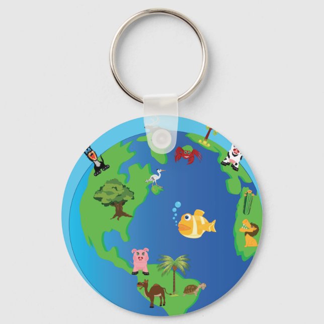Animal World Map Cute Wildlife Illustration  Key Ring (Front)