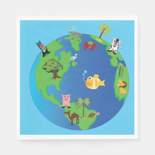Animal World Map Cute Wildlife Illustration  Napkin