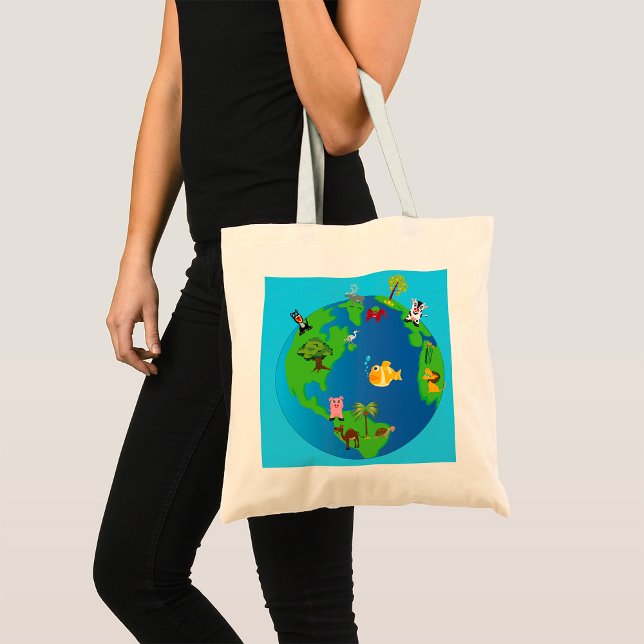 Animal World Map Cute Wildlife Illustration  Tote Bag (Creator Uploaded)