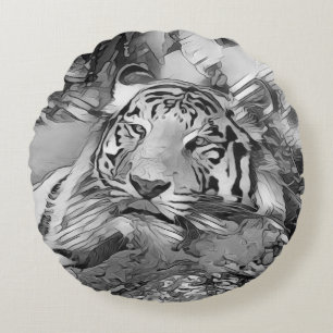 AnimalArtBW_Tiger_002 Round Cushion