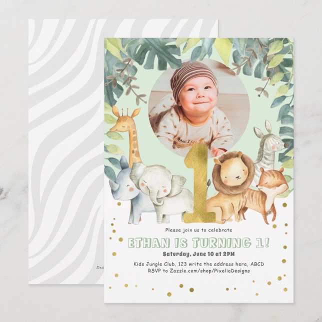 Animals 1st birthday photo invite safari jungle (Front/Back)