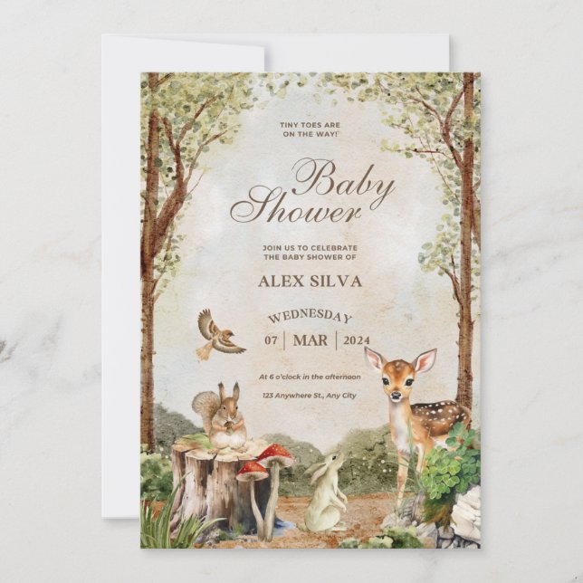 Animals and brown-green watercolor baby shower invitation (Front)