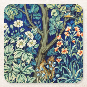 Animals and Flowers, Forest, William Morris Square Paper Coaster