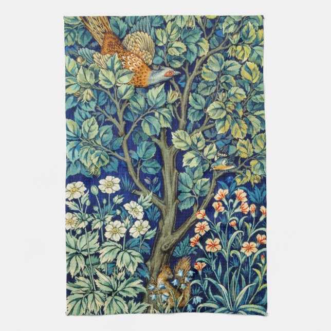 Animals and Flowers, Forest, William Morris Tea Towel (Vertical)