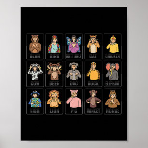 Animals ASL Hand Gesture Animals Deaf Hearing Loss Poster