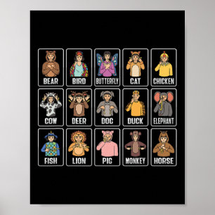 Animals ASL Hand Gesture Animals Deaf Hearing Loss Poster
