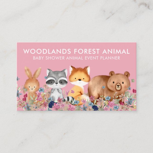 Animals Baby Bear Fox Racoon Rabbit pink Business Card (Front)
