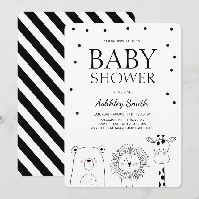 Animals Baby shower invite Zoo Safari Black Modern (Front/Back)