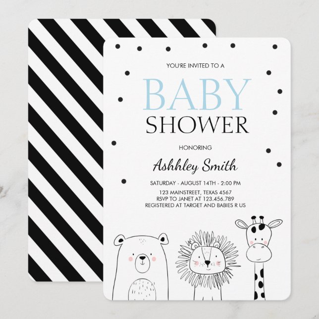 Animals Baby shower invite Zoo Safari Blue Modern (Front/Back)