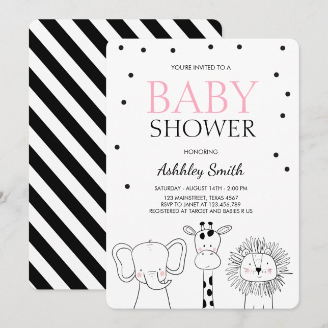 Animals Baby shower invite Zoo Safari Jungle Girl (Front/Back)