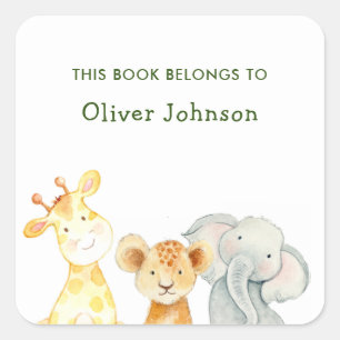 Animals boys 'This Book Belongs' Kids Bookplate Square Sticker