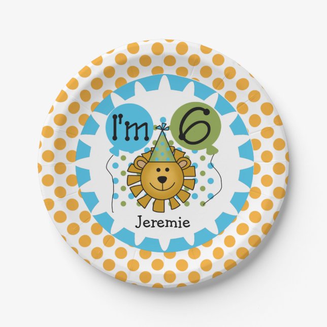Animals Circus Lion 6th Birthday Paper Plates (Front)