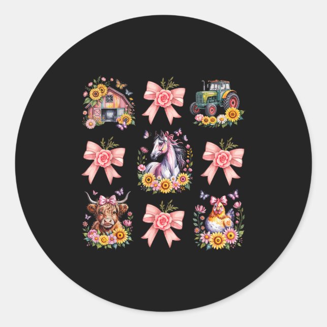 Animals Cow Chicken Horse Tractor Flower Farm Wome Classic Round Sticker (Front)