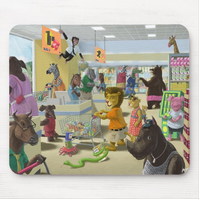 animals doing their shopping at a supermarket mouse mat (Front)