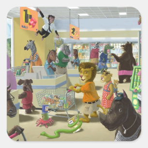 animals doing their shopping at a supermarket square sticker