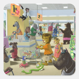 animals doing their shopping at a supermarket square sticker