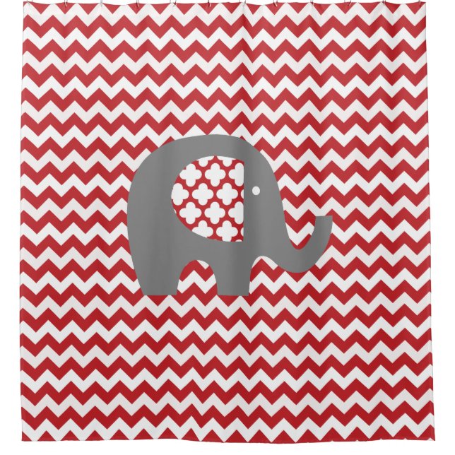 Animals Elephant on Red and White Chevron Stripes Shower Curtain (Front)