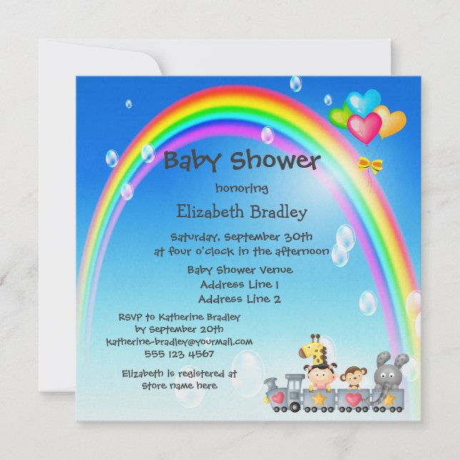 Animals, Girl, Train & Rainbow Baby Shower Invitation (Front)
