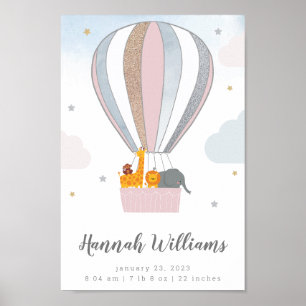 Animals Hot Air Balloon Personalised Birth Stats Poster
