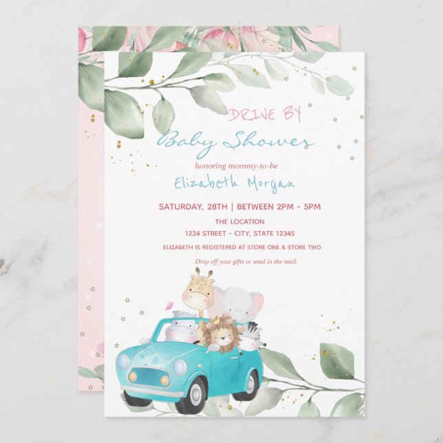 Animals In Car Dots Floral Drive By Baby Shower Invitation (Front/Back)