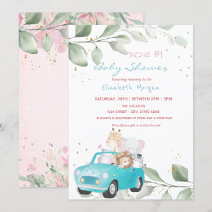 Animals In Car Dots Floral Drive By Baby Shower Invitation