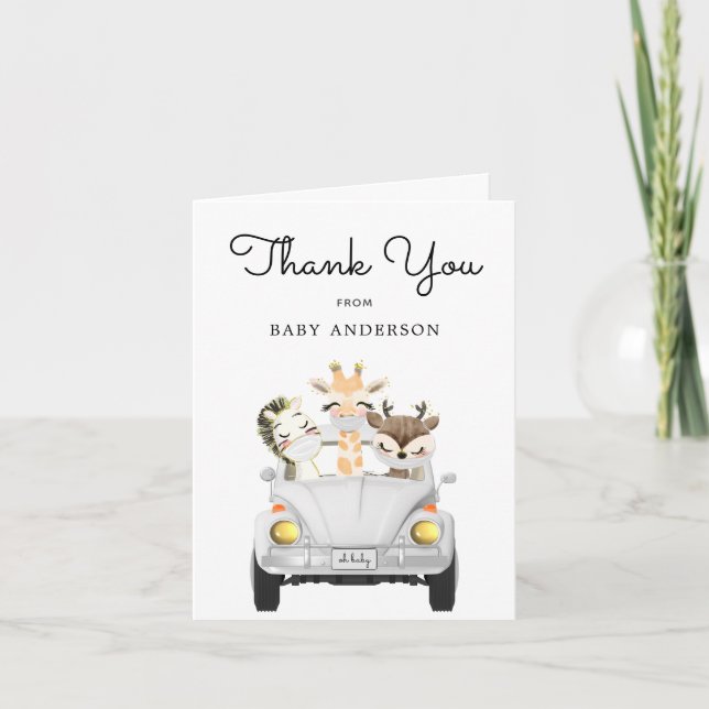 Animals in Masks Drive By Baby Shower Thank You Card (Front)