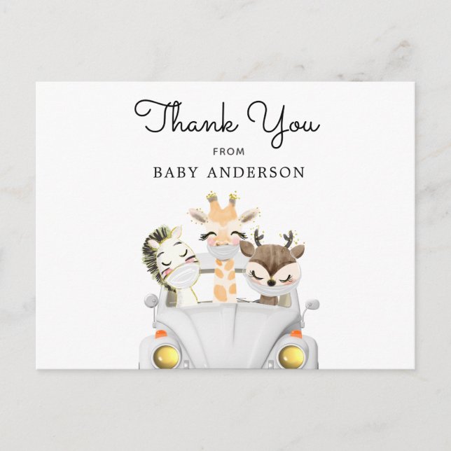 Animals in Masks Drive By Baby Shower Thank You Postcard (Front)