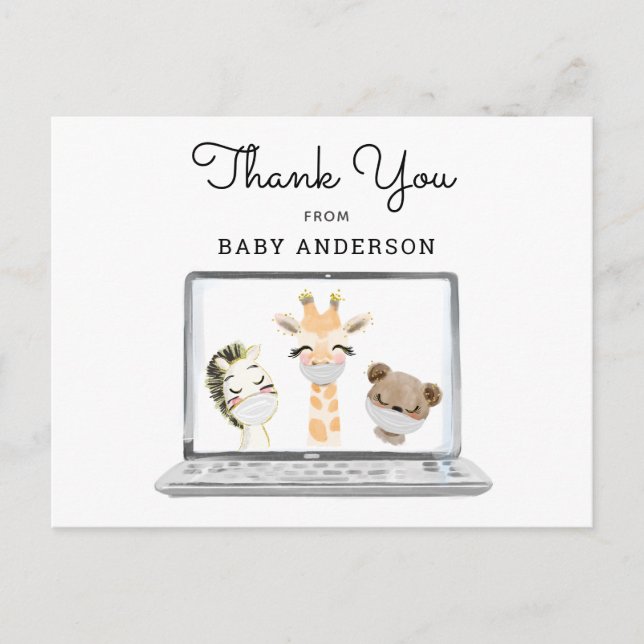 Animals in Masks Virtual Baby Shower Thank You Postcard (Front)