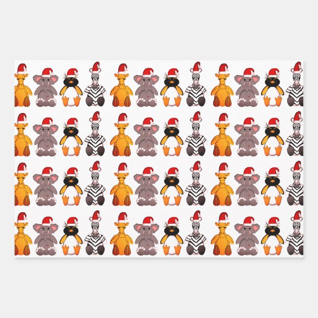 ANIMALS IN Santa hat GIFT WRAPPING SET OF 3 Wrapping Paper Sheet (Front)