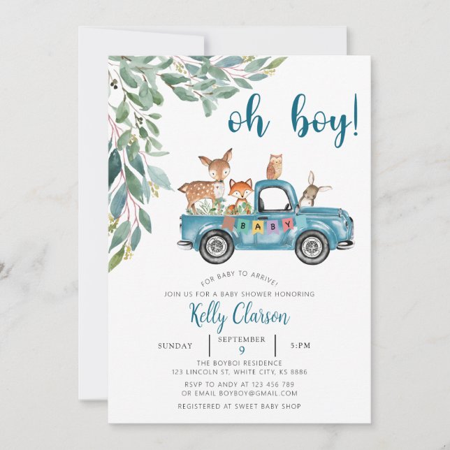 Animals Jungle Car Oh Boy Baby Shower Invitation (Front)