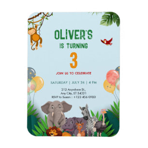Animals Jungle Land 3rd Birthday Party Invitation Magnet