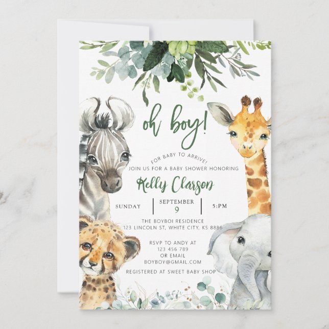 Animals Jungle Safari Oh Boy Baby Shower Invitation (Front)