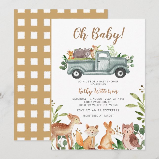 Animals Jungle Truck Baby Shower Invitation (Front/Back)