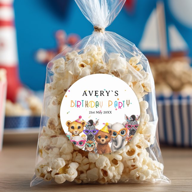 Animals Kids Birthday Classic Round Sticker (Animals Kids Birthday Round Sticker with your Name and Date)