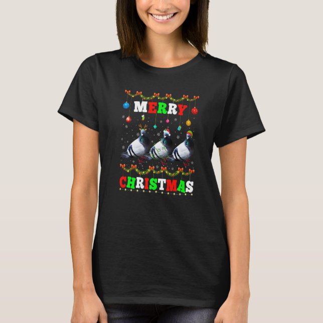 Animals Lights Merry Christmas Santa Pigeon T-Shirt (Front)