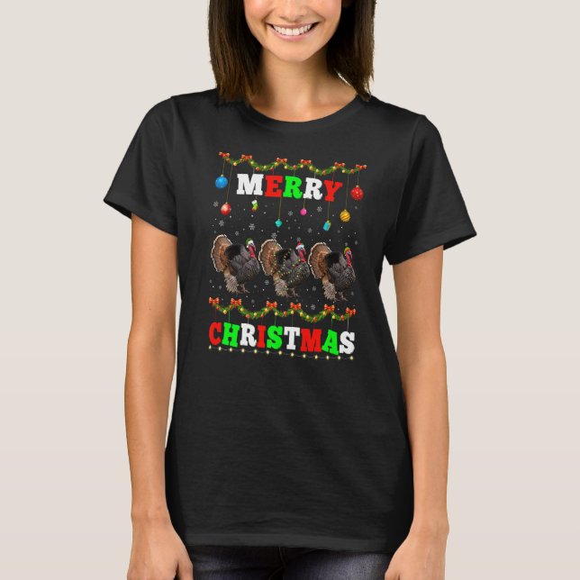 Animals Lights Merry Christmas Santa Turkey T-Shirt (Front)