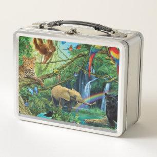 Animals living together throw pillow metal lunch box