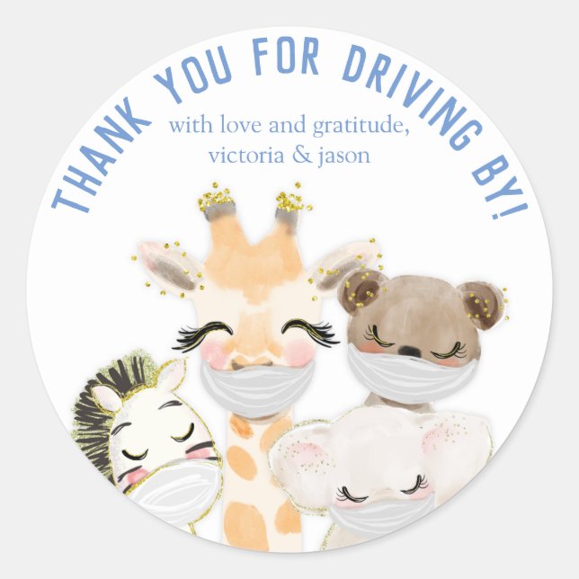 Animals Masks Covid Drive By Baby Shower Stickers (Front)