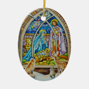 Animals & Nativity Stained Glass Watercolor Art  Ceramic Tree Decoration
