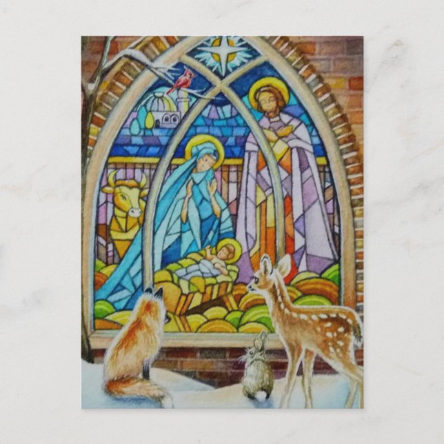 Animals & Nativity Stained Glass Watercolor Art Postcard (Front)