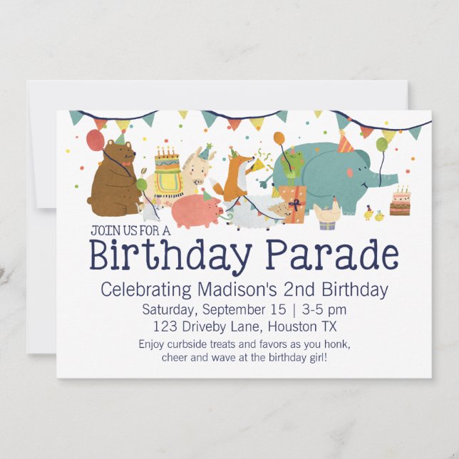 Animals on Parade Drive By Birthday Invitation (Front)