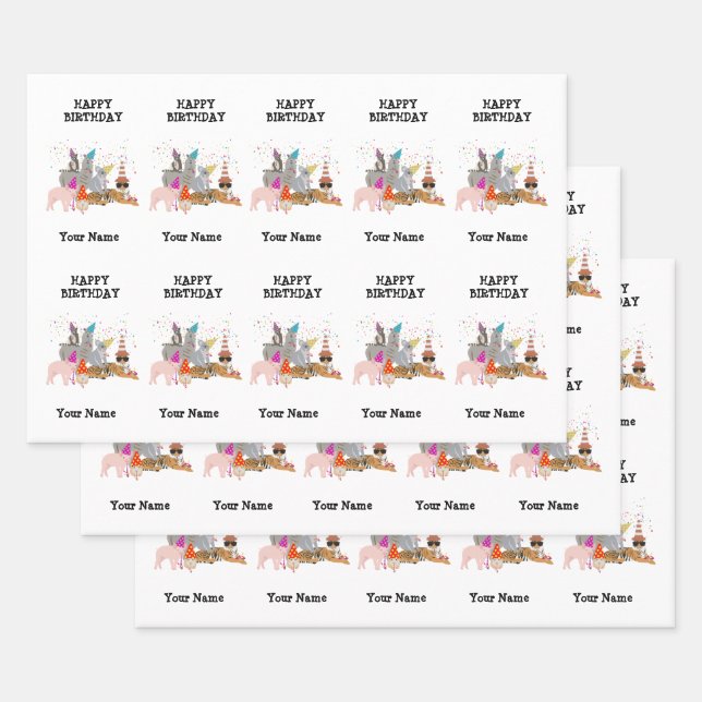 Animals Partying - Animals at Birthday Party Name Wrapping Paper Sheet (Set)