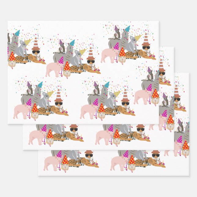 Animals Partying - Cute Animals Having a Party Wrapping Paper Sheet (Set)