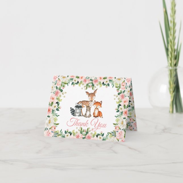  Animals & Pink Rose Baby Shower Thank You Card (Front)