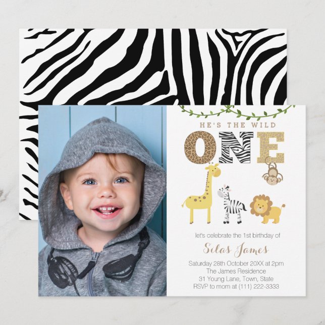 Animals Safari 1st Birthday Party for Boy Invitation (Front/Back)