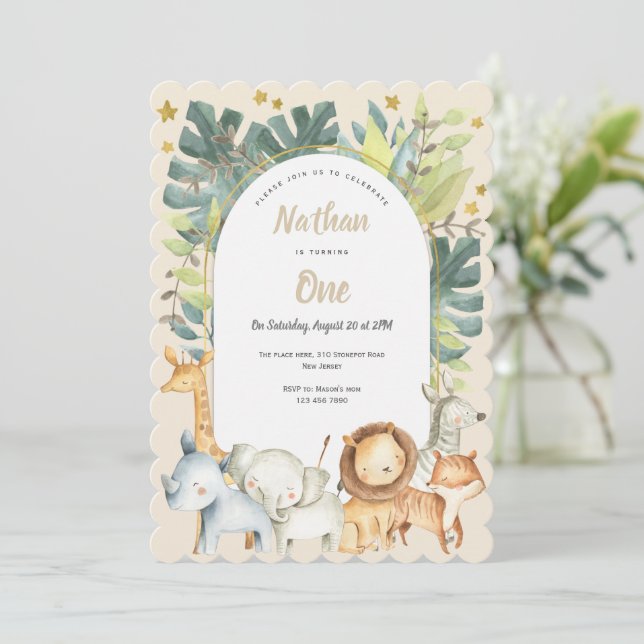 Animals Safari Boy first birthday Invitation (Standing Front)